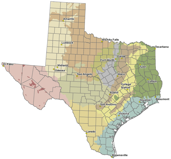Map - State of Texas counties with reference cities.