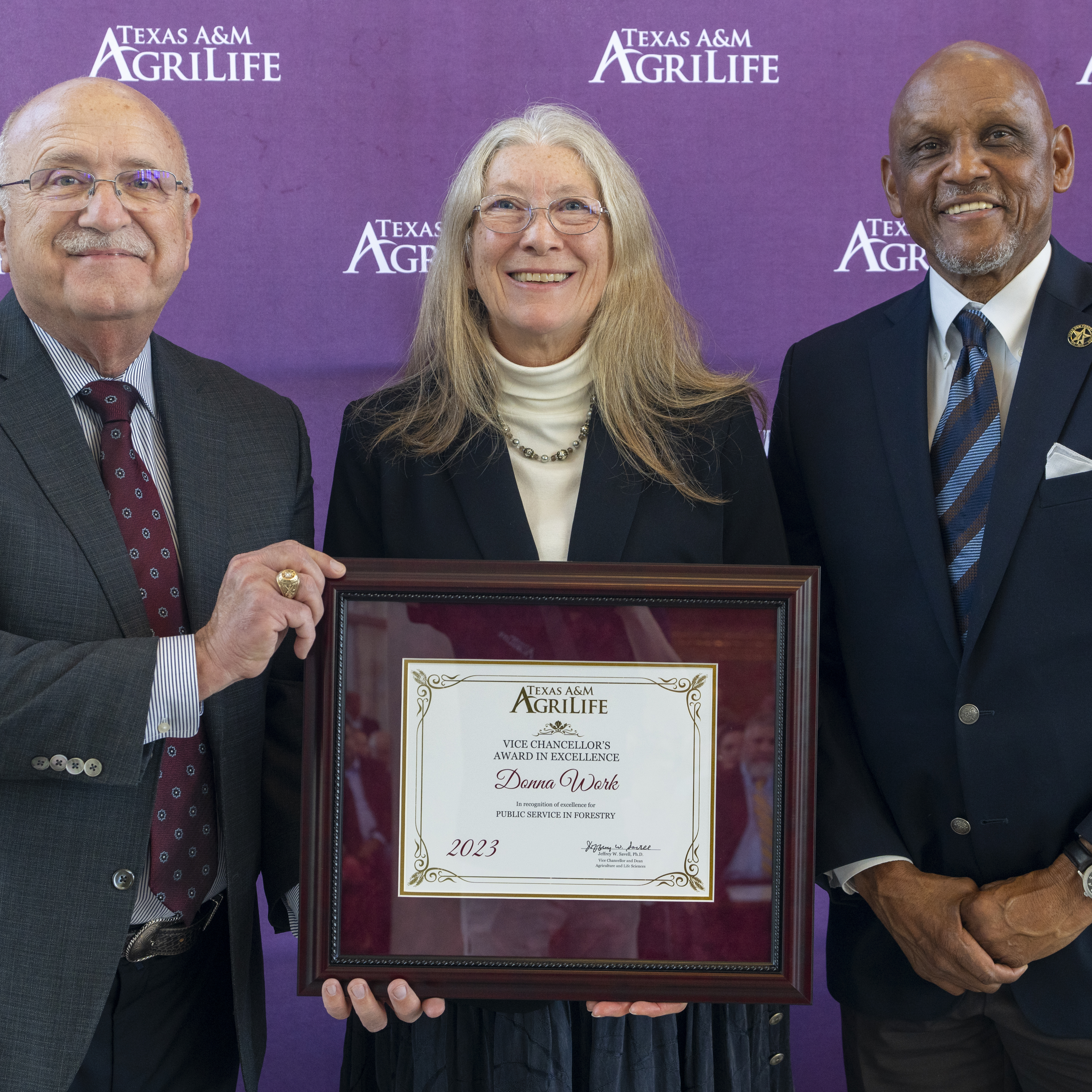 With 33 years of service with Texas A&M Forest Service and decades of leadership in red-cockaded woodpecker conservation efforts in East Texas, Donna Work was awarded the Vice Chancellor’s Award in Excellence for her public service in forestry.