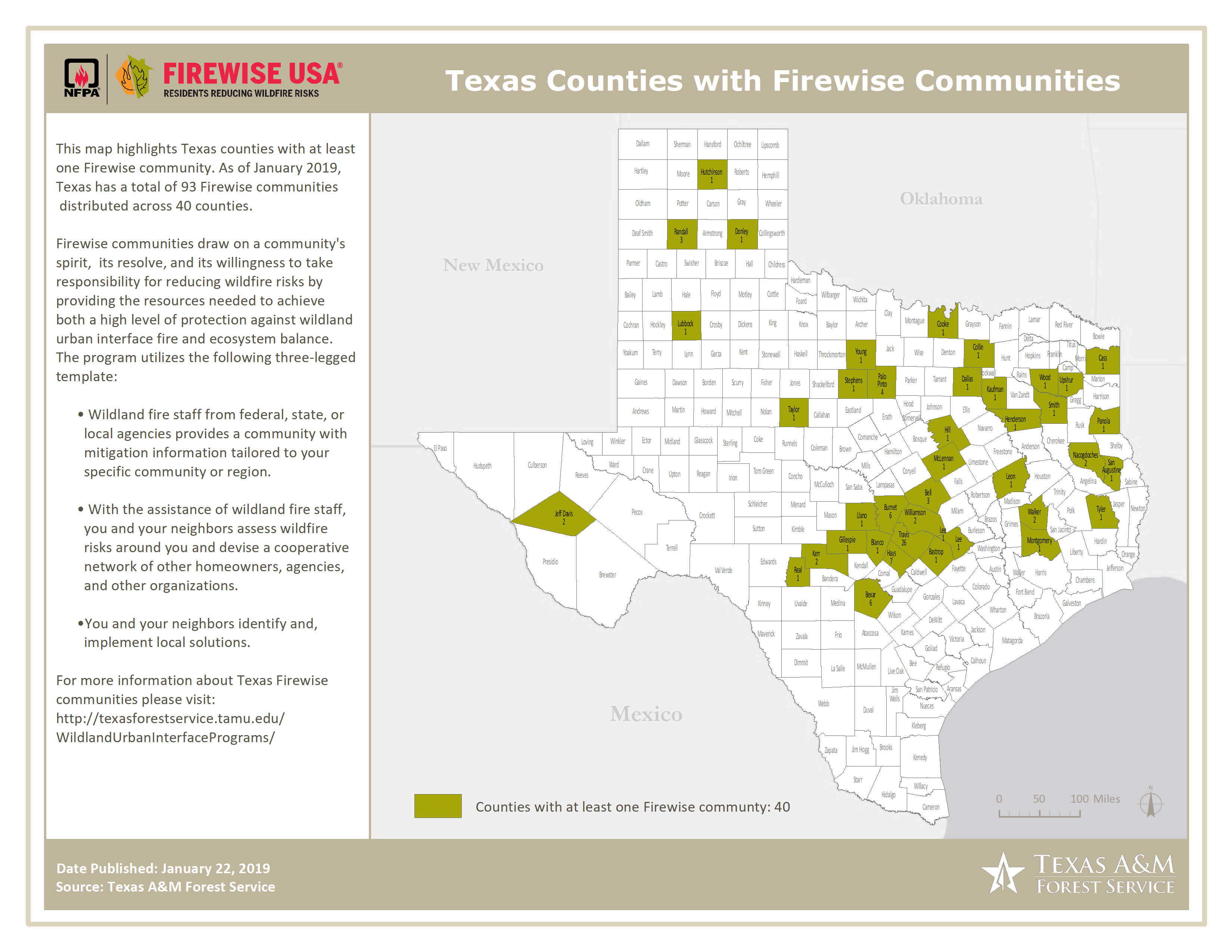 Texas map of counties with at least one Firewise USA community.