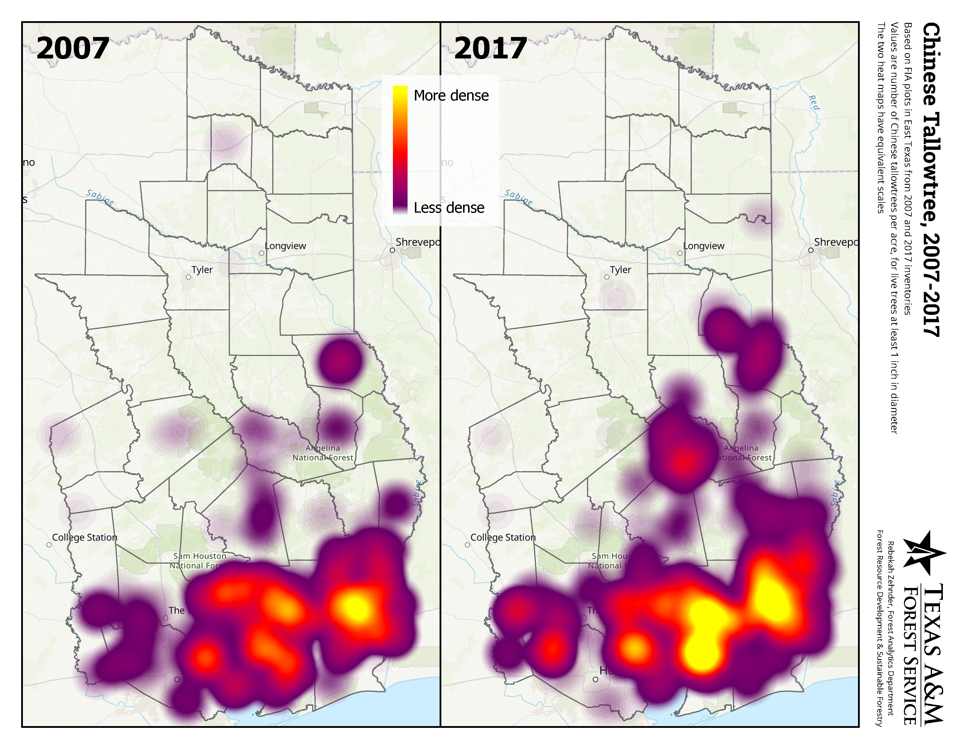 Chinese Tallow Heatmap 2007 and 2017