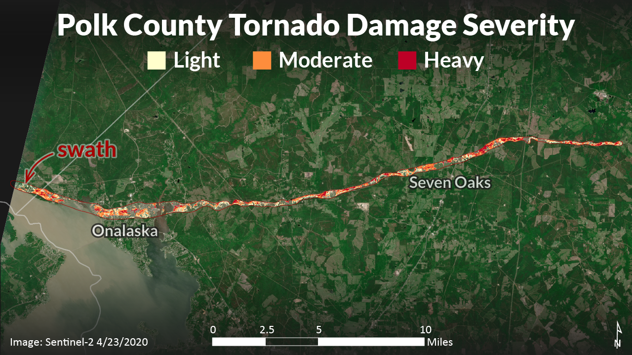 Satellite image with light, moderate, and heavy severity damage to forest from tornado mapped
