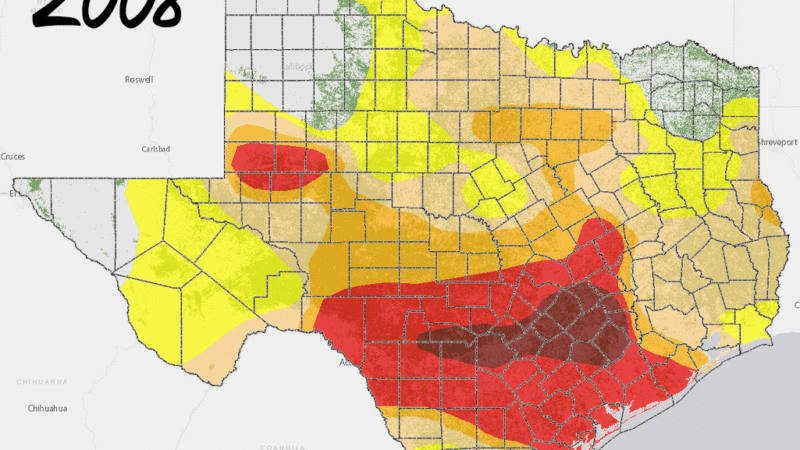 Map of Texas showing drought conditions from August 2008. Areas vary from no drought to exceptional drought, with red indicating severe dryness.