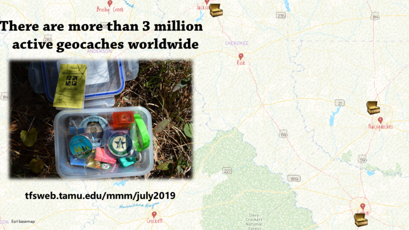 A map with highlighted areas, showing geocache locations. An open box displays a compass, whistle, booklets, and other small items. Text reads There are more than 3 million active geocaches worldwide. Website link included at the bottom.