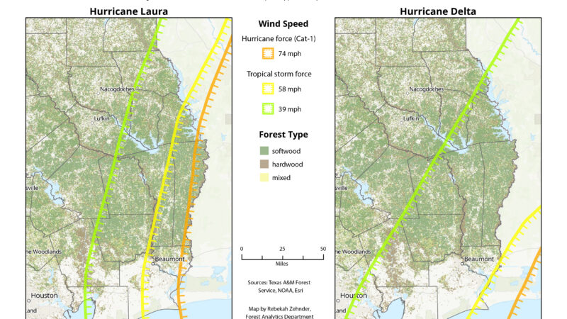 Side-by-side map displaying wind swaths of Hurricane Delta and Hurricane Laura for comparison.