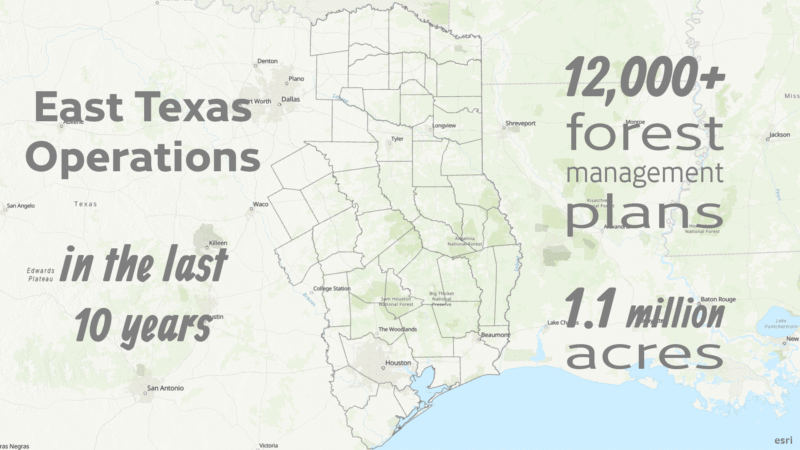 Map of East Texas highlights forest management statistics: Over 12,000 forest management plans implemented across 1.1 million acres in the past 10 years. Cities like Houston, Dallas, and Shreveport are marked.