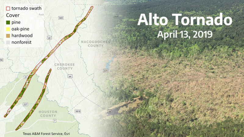 Map and aerial image of Alto tornado on April 13, 2019. The map shows tornado swath and land cover types: pine, oak-pine, hardwood, and nanoforest across Houston and Cherokee Counties.