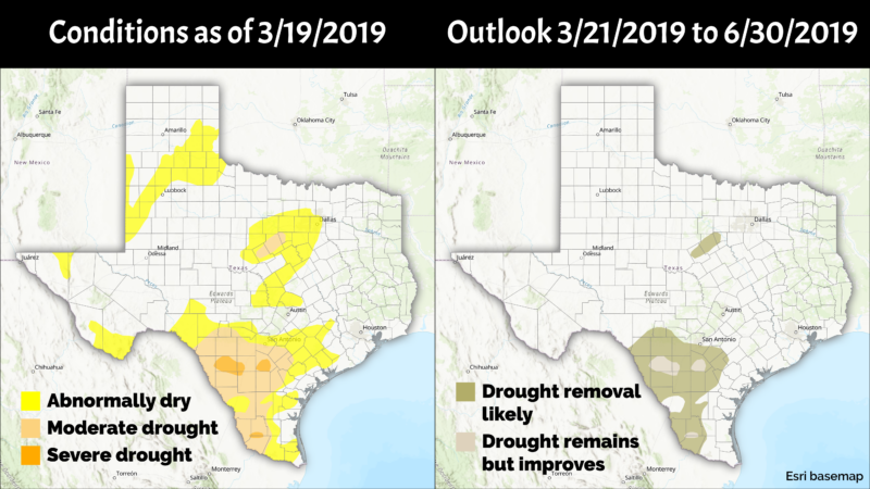 Comparison map of Texas shows drought conditions on 3/19/2019 with areas marked abnormally dry, moderate drought, and severe drought. A second map forecasts drought removal or persistence from 3/21/2019 to 6/30/2019.