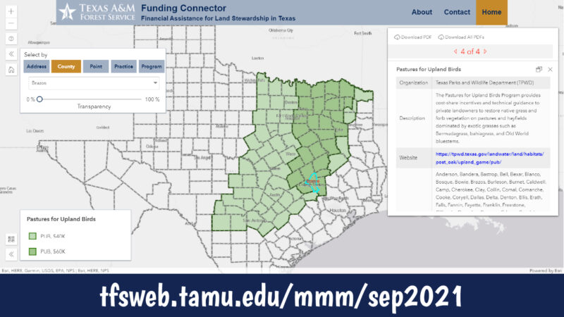 Graphic promoting The Funding Connector website, a resource for Texas landowners to find financial assistance programs for natural resource management, available on the Texas Forest Information Portal.
