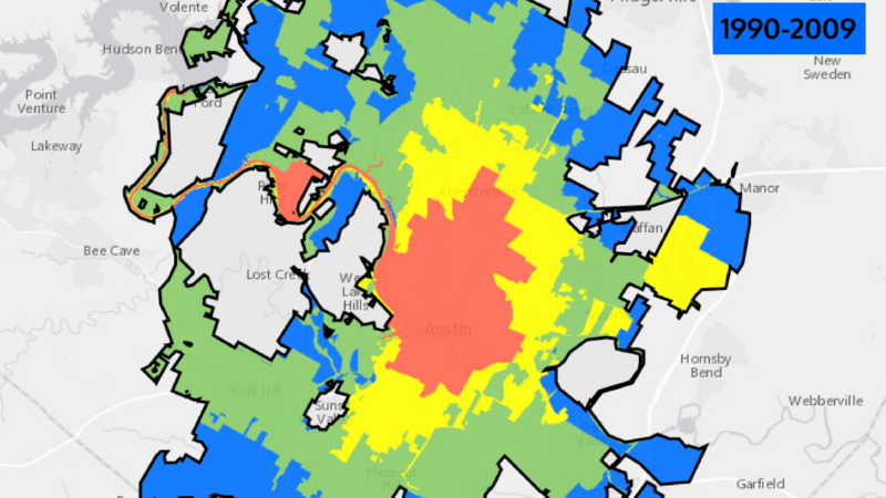 Map illustrating Austin City growth from pre-1950 to 2009. Areas are color-coded: red (pre-1950), yellow (1950-1969), green (1970-1989), and blue (1990-2009).