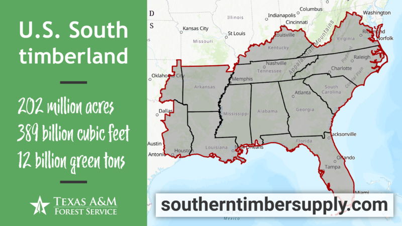 Map highlighting the U.S. South, with states outlined and shaded. Text on the left reads: U.S. South timberland: 202 million acres, 389 billion cubic feet, 12 billion green tons. At the bottom, southerntimbersupply.com is displayed.