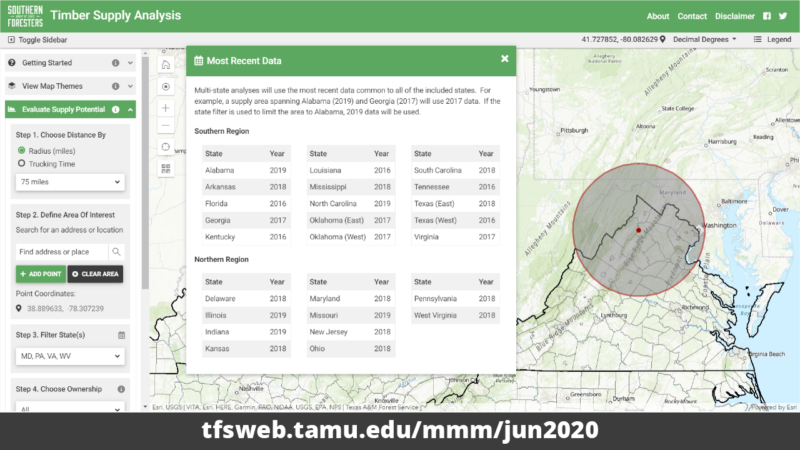 Map interface showing timber supply data for various U.S. states, with highlighted region in Kentucky. A side panel displays options for data selection and state comparison.