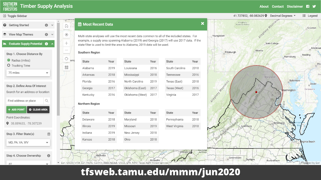 Map interface showing timber supply data for various U.S. states, with highlighted region in Kentucky. A side panel displays options for data selection and state comparison.