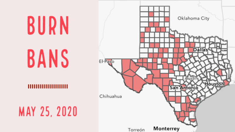 Map of Texas showing counties with burn bans in red as of May 25, 2020. Cities labeled include El Paso, San Antonio, Austin, Dallas, and Houston.