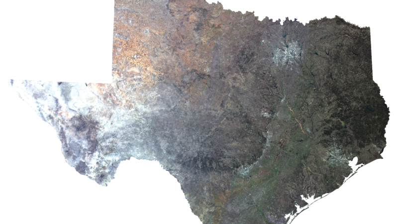 Satellite image of Texas, showing its distinct shape with a panhandle in the northwest. The image highlights various geological features, including plains, deserts, and coastal areas along the Gulf of Mexico.