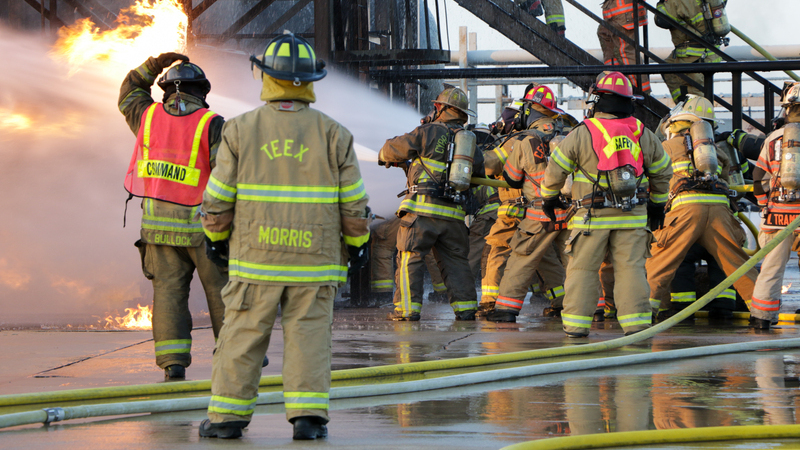 A group of firefighters holding on to a large hose as they douse a fire