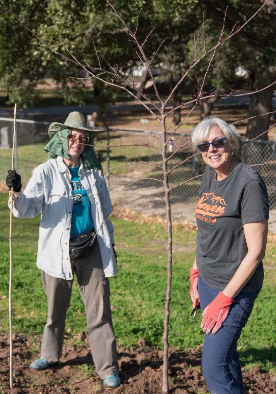 Two women smiling in front of newly planted tree