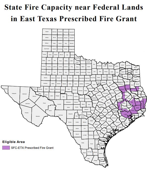 A map that shows a highlighted region in texas indicating where the state fire capacity in east texas prescribed fire grant covers