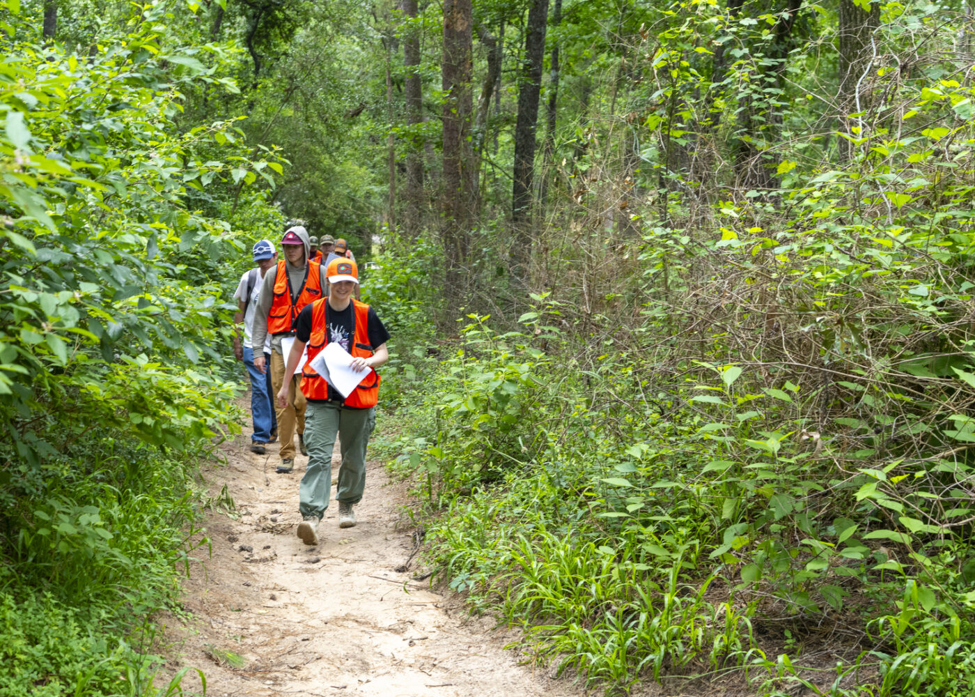 community members walking through a forest
