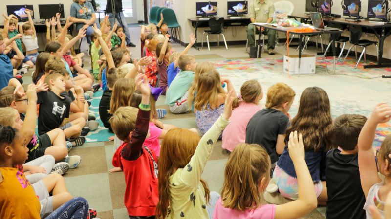 Children sitting in classroom raising hands