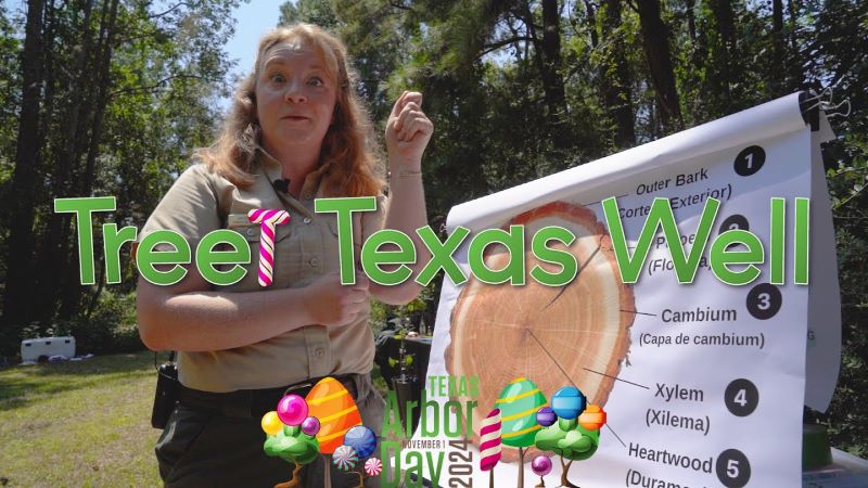 "Treet Texas Well" text over forester talking to camera in the forest