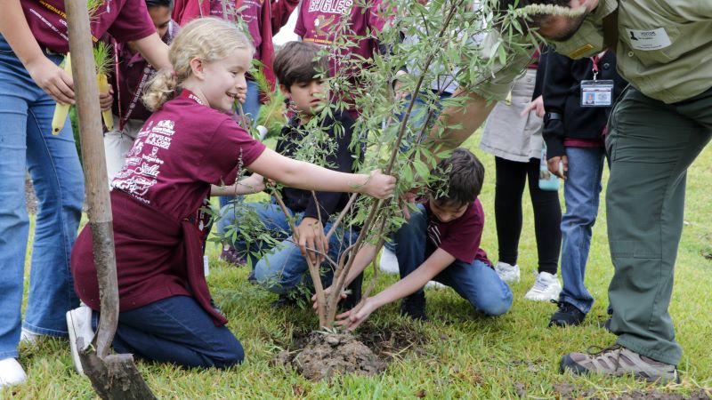 Kids planting trees with hands and shovel