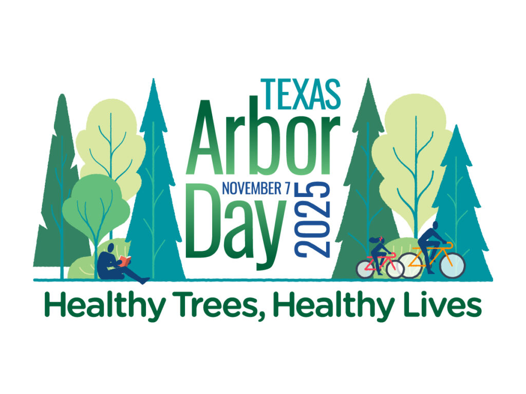 Texas Arbor Day 2025 Logo. Healthy Trees, Healthy Lives under cartoon trees.