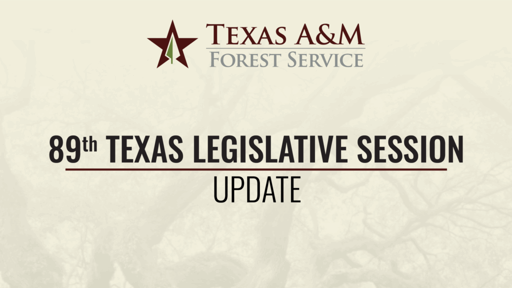 A graphic that says "Texas A&M Forest Service. 89th Texas Legislative Session Updates"