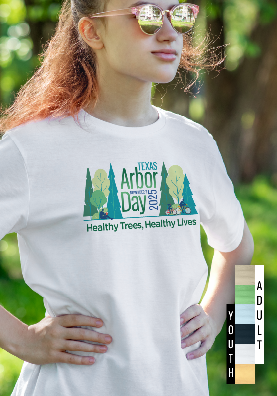 Girl with sunglasses stands wearing a Texas Arbor Day t-shirt. Small boxes shows color shirt options of tan, green, blue, black, white, and yellow.