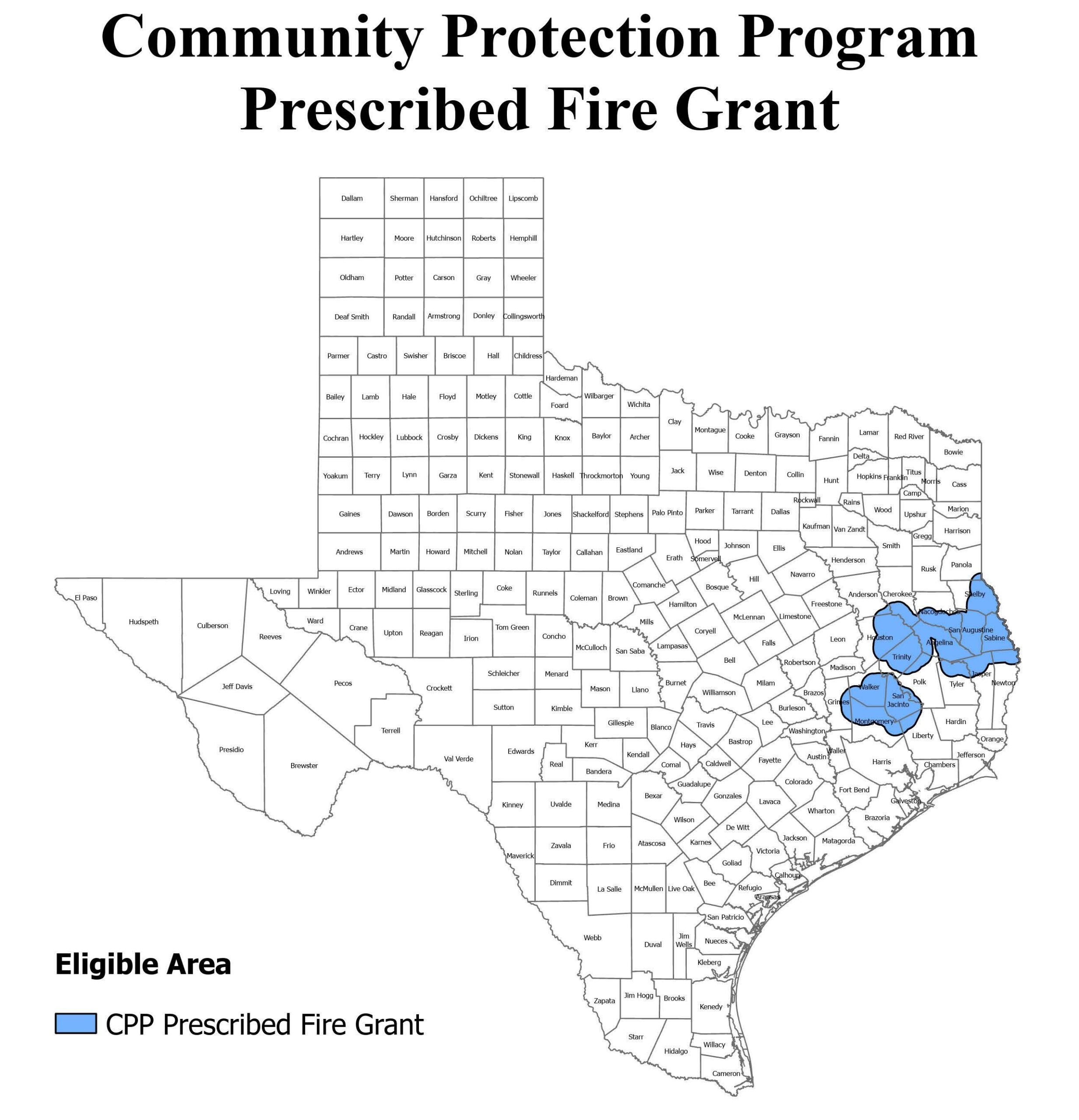 An illustration highlighting the areas eligible for the community protection program Prescribed Fire Grant