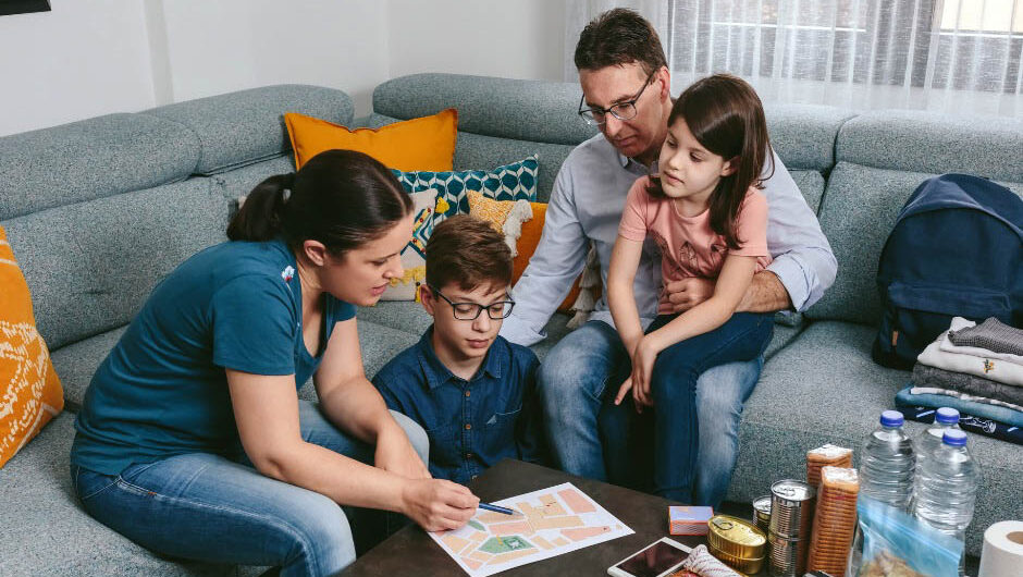 A family sits on a couch organizing emergency supplies including canned food, water bottles, and first aid items.